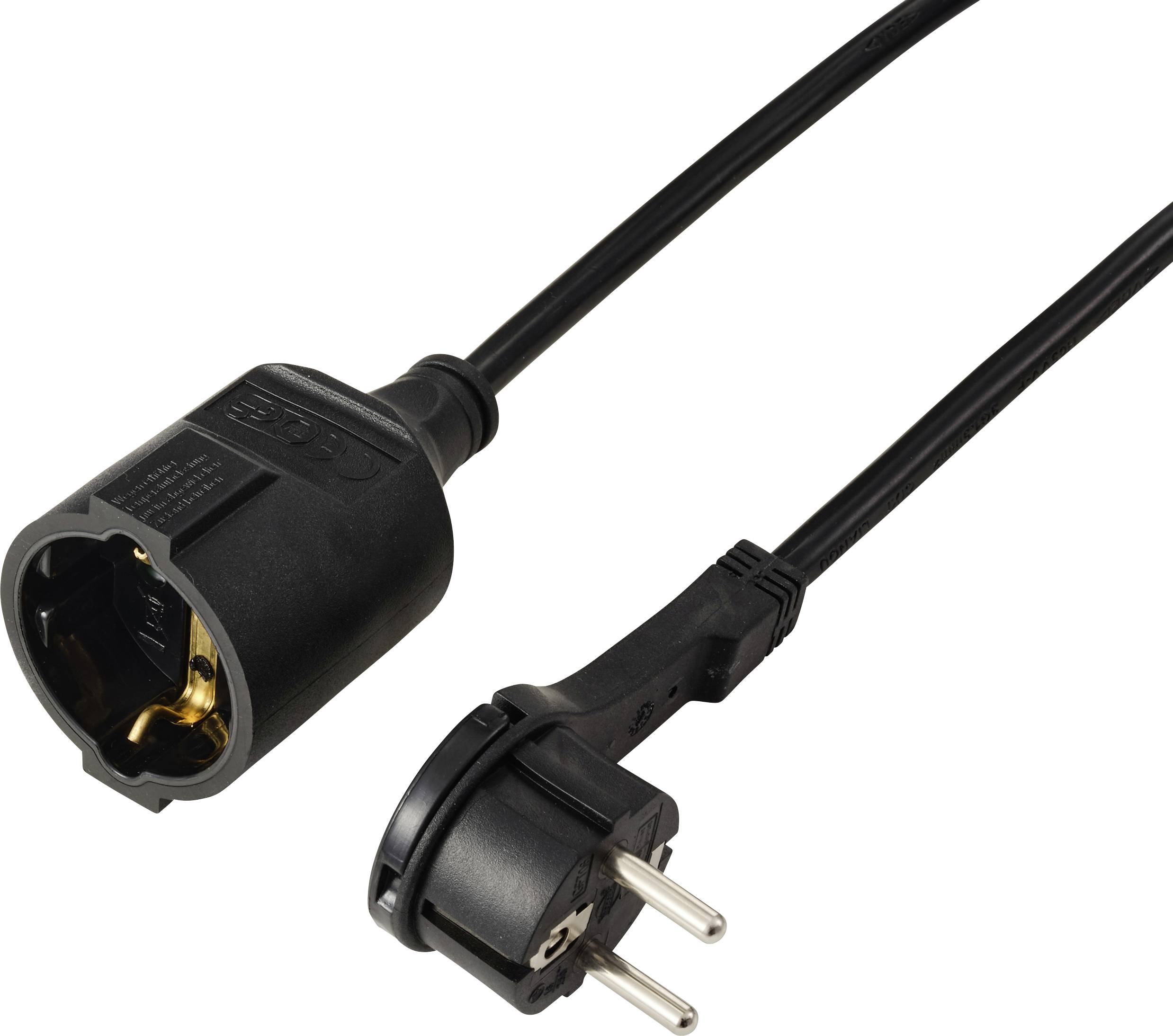 Europäischer Stecker und Steckdose an einem Kabel, das eine elektrische Verbindungsvorrichtung zeigt.