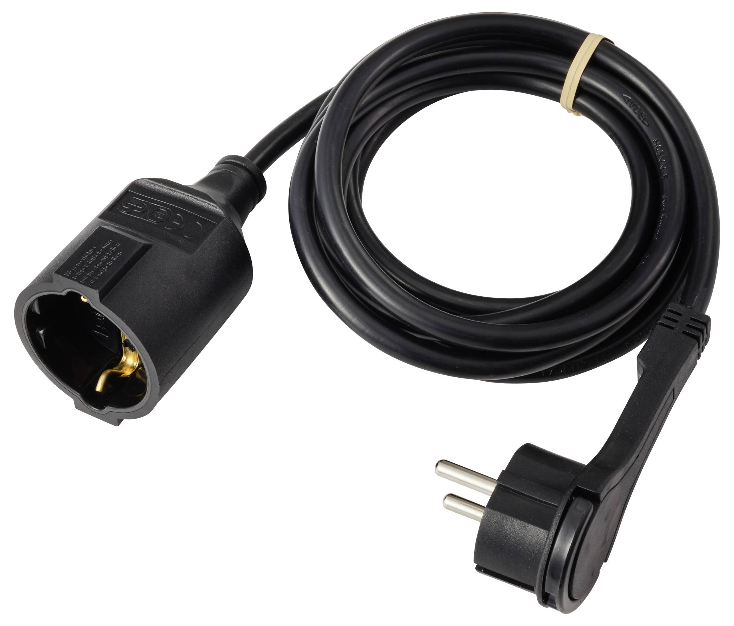 Ein schwarzes aufgewickeltes Stromkabel mit einem EU-Stecker und einer schwarzen Adapterbuchse.