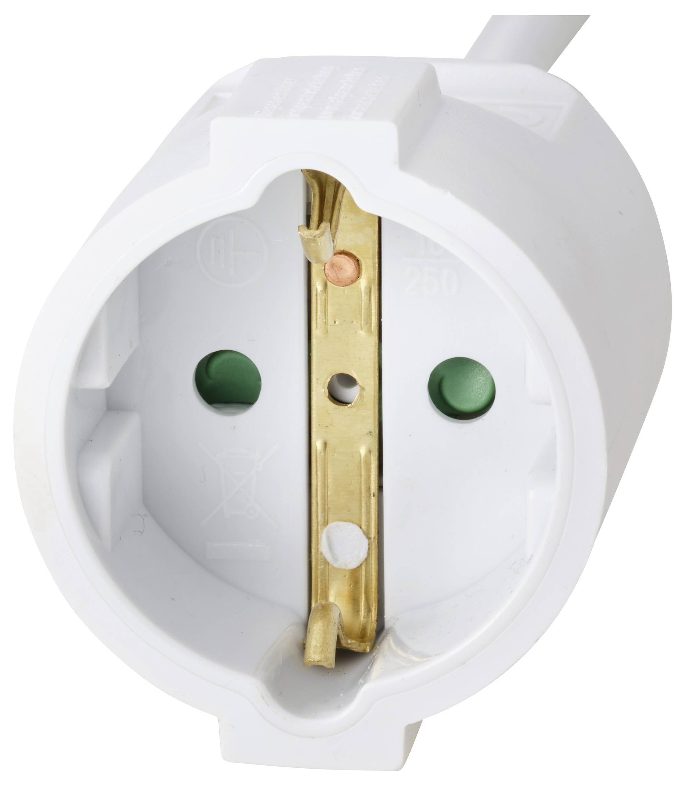 Ein Nahaufnahme eines europäischen Zweipolsteckers mit Schutzleiter, der die Stromverbindungskomponenten zeigt.