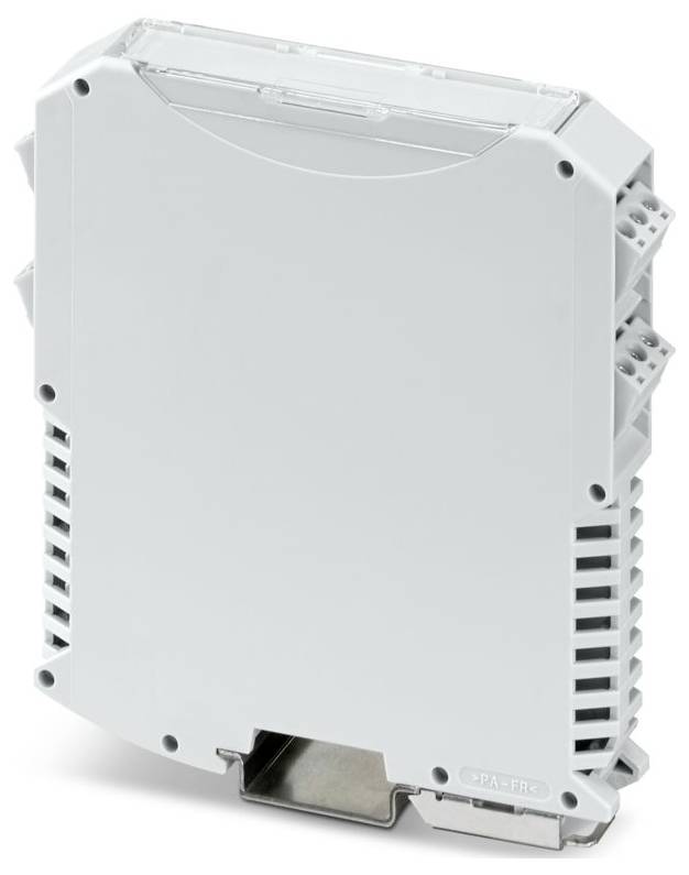 Ein weißes Kunststoff-Elektronikgerät mit belüfteten Seiten und oberen Anschlüssen, wahrscheinlich für industrielle Automatisierung oder Integration von Elektrosystemen verwendet.