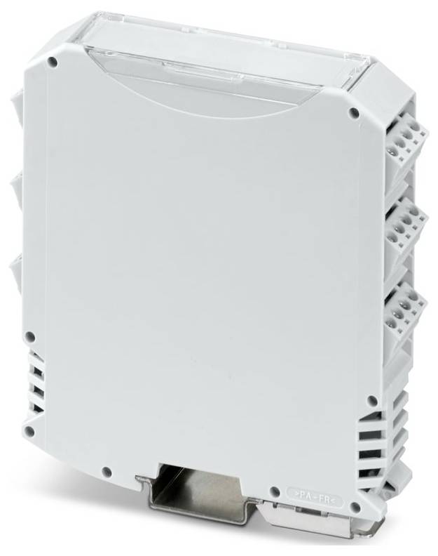 Ein weißes elektronisches Modul mit mehreren Anschlussanschlüssen an den Seiten, konzipiert für elektrische oder Automatisierungszwecke.