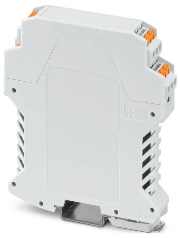 Ein kompaktes elektronisches Modul mit grauem Kunststoffgehäuse und orangefarbenen Anschlüssen auf der Oberseite, entwickelt für industrielle Automatisierungssysteme.