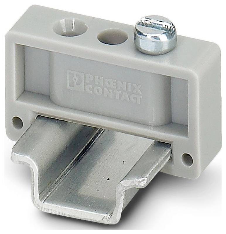 Ein grauer Kunststoff- und Metallanschlussdraht-Block mit einer Schraube auf der Oberseite, gekennzeichnet mit 