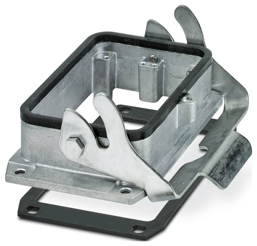 Ein Metallverschlussmechanismus mit rechteckigem Rahmen und Gummiauskleidung, bestehend aus einer offenen Position mit großem Bolzen und Hebelgriff.