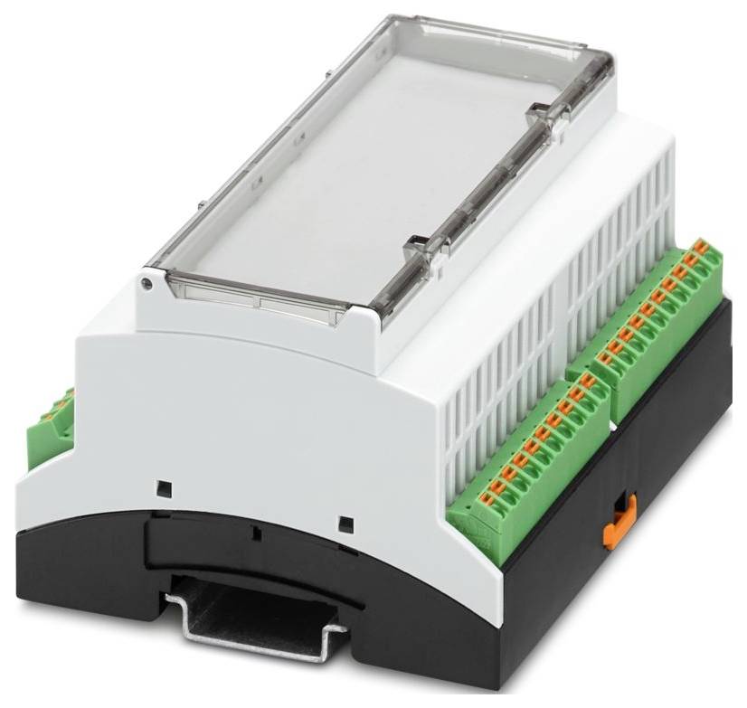 Ein elektronisches Geräte-Modul mit mehreren grünen und orangefarbenen Steckverbindern an den Seiten, das für Zwecke der Industrieautomation verwendet wird.