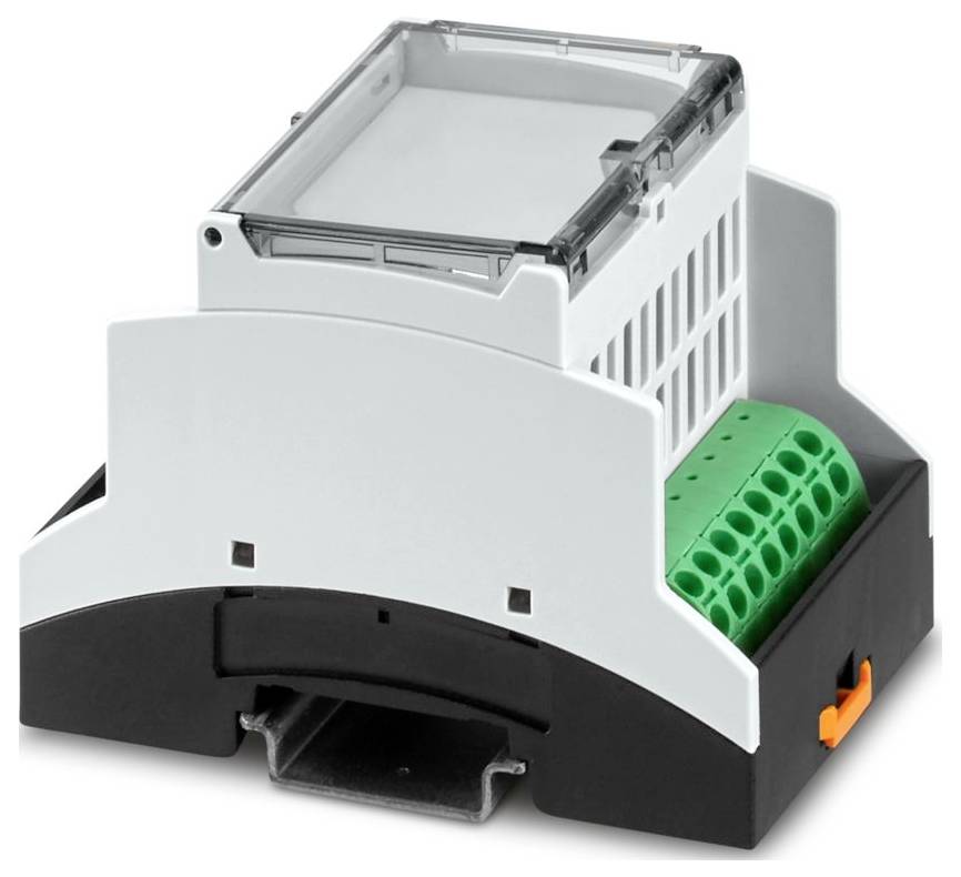 Ein weißes und schwarzes elektronisches Gerät mit grünen Anschlüssen, möglicherweise ein auf DIN-Schiene montiertes Gehäuse, das in industriellen oder elektrischen Umgebungen verwendet wird.