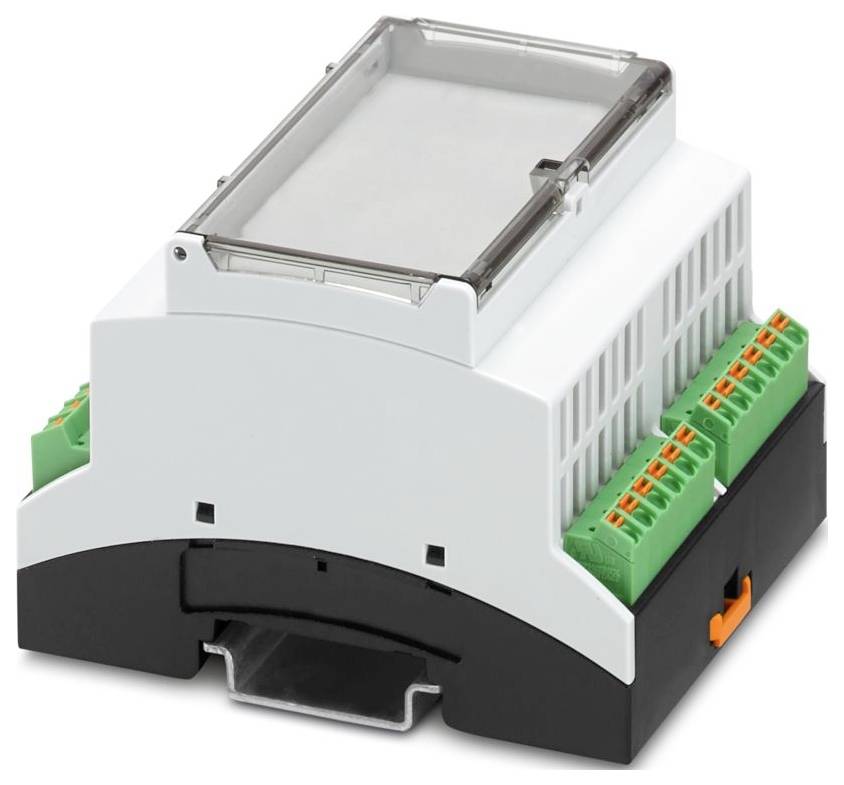 Ein modulares elektronisches Gehäuse mit mehreren grünen Anschlussklemmen und einer transparenten Abdeckung, ausgelegt zur Montage auf einer DIN-Schiene.
