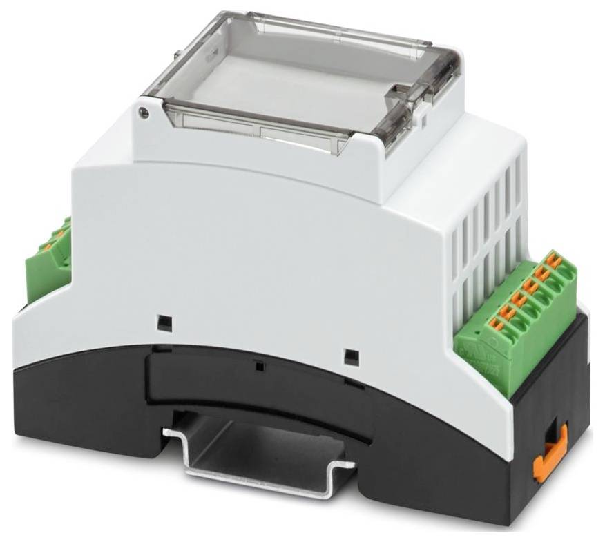 Ein auf DIN-Schiene montierbares elektronisches Gehäuse mit grünen Klemmleisten und durchsichtigem Deckel, das zur Unterbringung von elektrischen Komponenten verwendet wird.