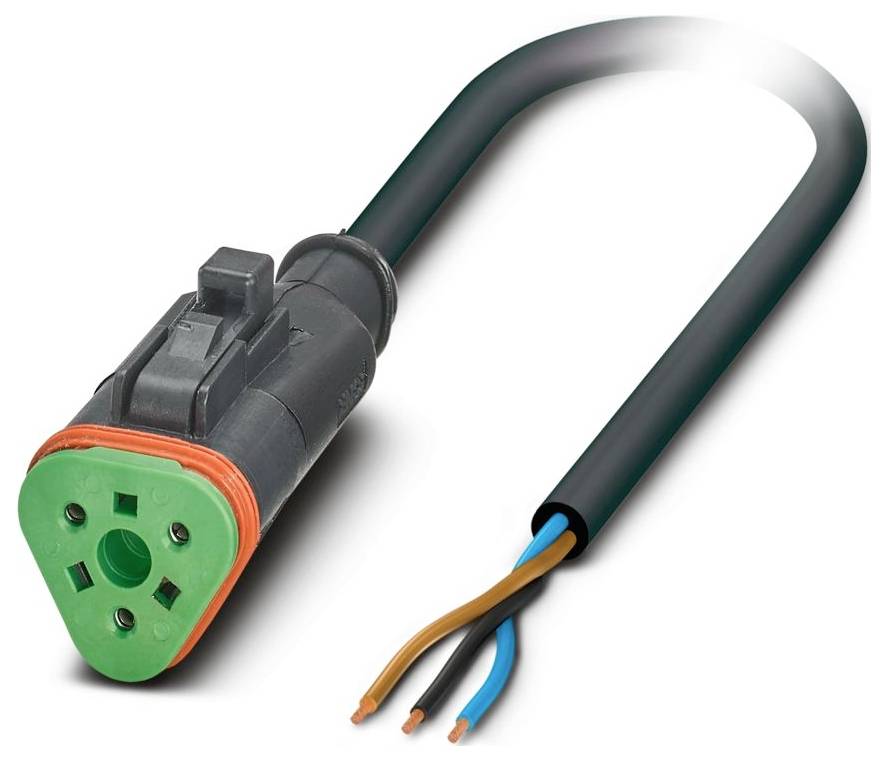 Ein schwarzes Kabel mit einem grünen und orangefarbenen Stecker an einem Ende und drei blanken Drähten am anderen Ende: braun, blau und schwarz.