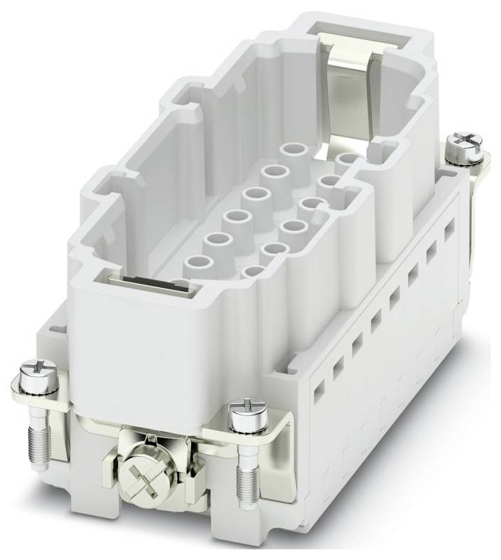 Ein grauer Industrie-Stecker mit mehreren Stiftschlitzen, Metallklemmen und Schrauben, der für Elektroverbindungen in Maschinen verwendet wird.