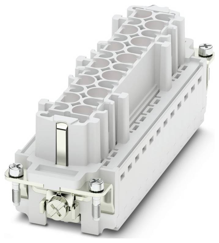 Ein rechteckiger grauer Elektrostecker mit mehreren Anschlüssen und Metallbefestigungen, entwickelt für industrielle oder robuste Anwendungen.