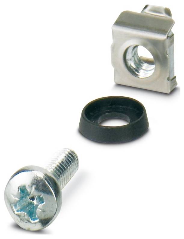 Eine Metallschraube, eine schwarze Unterlegscheibe und eine silberne Mutter sind auf einer weißen Oberfläche ausgerichtet.