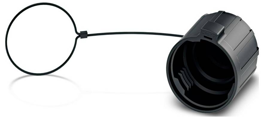 Eine schwarze Kunststoff-Objektivkappe mit Befestigungsseil, entwickelt zum Schutz des vorderen Elements eines Kameraobjektivs vor Staub und Kratzern.