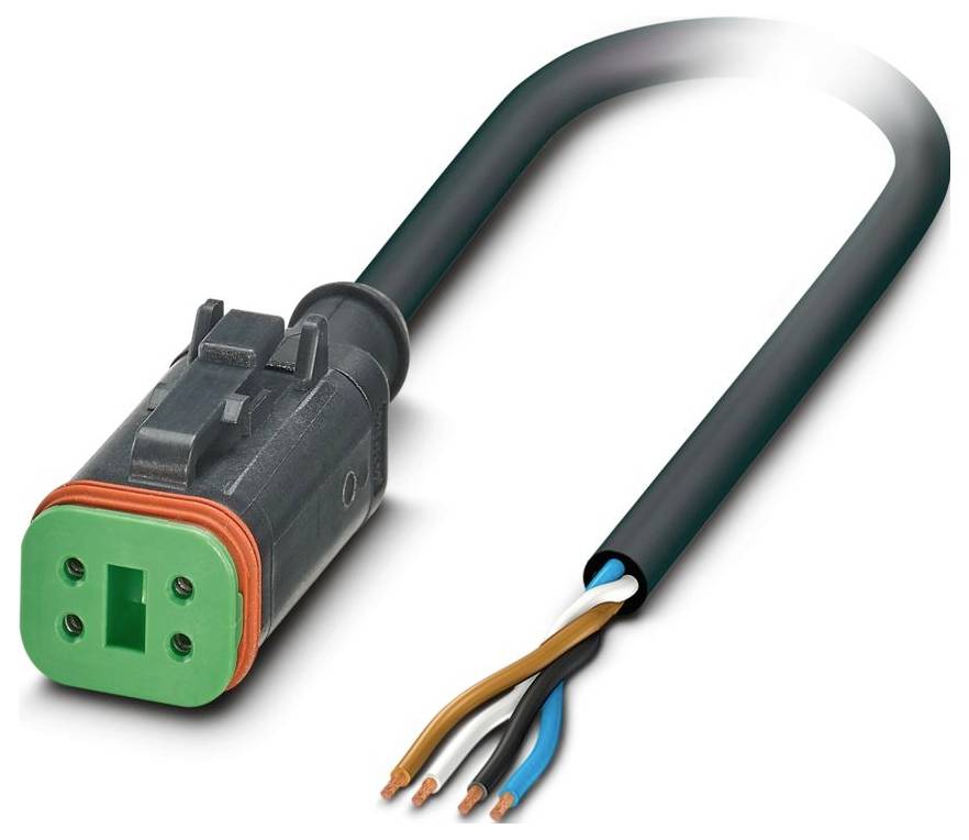 Ein Mehrpin-Verbinderkabel, grün und metallisch, gezeigt mit freiliegenden Drähten an einem Ende und verbunden am anderen Ende.