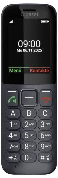 Ein Mobiltelefon-Bildschirm zeigt '09:00 Mo 06.11.2025'. Darunter befinden sich Optionen mit den Beschriftungen 'Menü' und 'Kontakte'. Die Tastatur verfügt über große numerische Tasten.