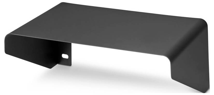 Ein eleganter, matter schwarzer Monitorständer mit abgerundeten Kanten und minimalem Design, der verwendet wird, um einen Computerbildschirm auf einem Schreibtisch zu erheben.