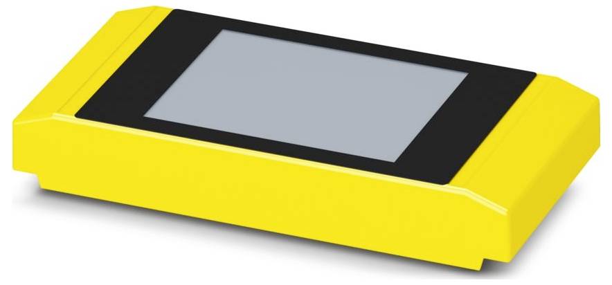 Gelbes rechteckiges elektronisches Gerät mit einem zentralen Touchscreen.