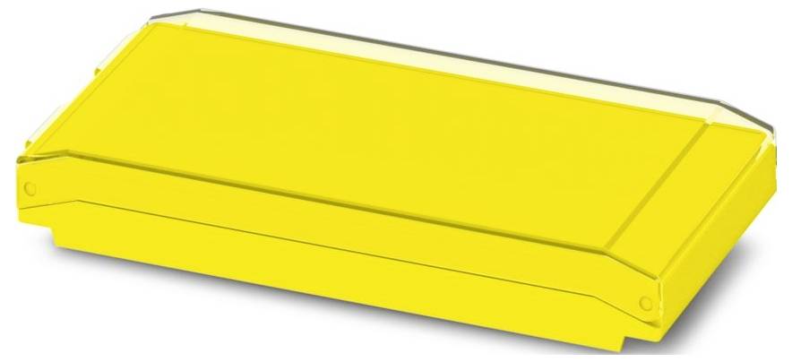 Eine hellgelbe Kunststoffbox mit rechteckiger Form und durchsichtigem Deckel, wahrscheinlich zur Aufbewahrung oder Verpackung kleiner Gegenstände verwendet.