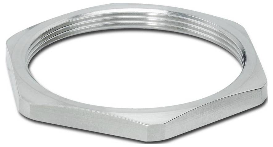 Eine silberne Metallmutter mit Sechskantform, die häufig zum Befestigen von Bolzen in mechanischen Baugruppen verwendet wird, vor einem einfachen weißen Hintergrund.