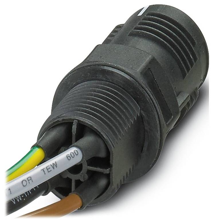 Ein schwarzer Industrie-Stecker mit mehreren farbigen Drähten, die sich davon erstrecken.