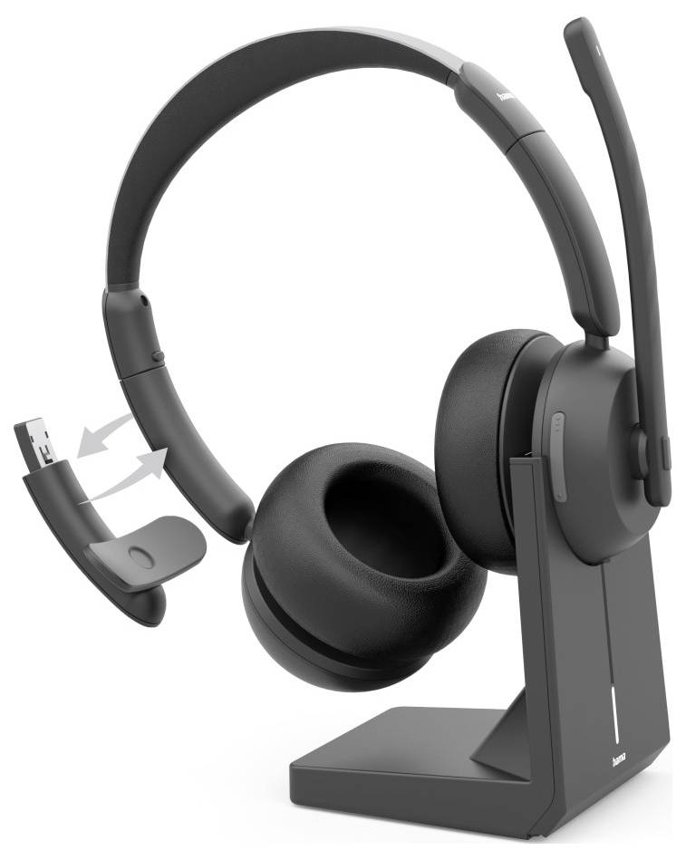 Kabelloses schwarzes Headset auf einer Ladestation, mit einem abnehmbaren Ohrstöpsel daneben und Pfeilen, die zeigen, wie es sich verbindet.