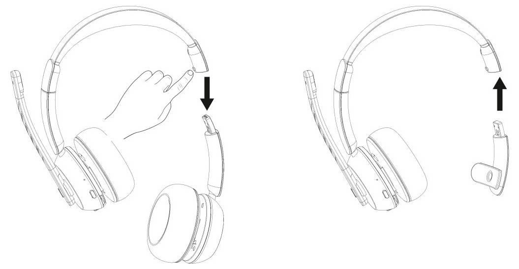 Diagramm zeigt ein Kopfhörer-Ohrmuschel-Kabel, das mit einem Stecker verbunden und getrennt wird, mit Pfeilen, die das Einführen und Entfernen anzeigen.
