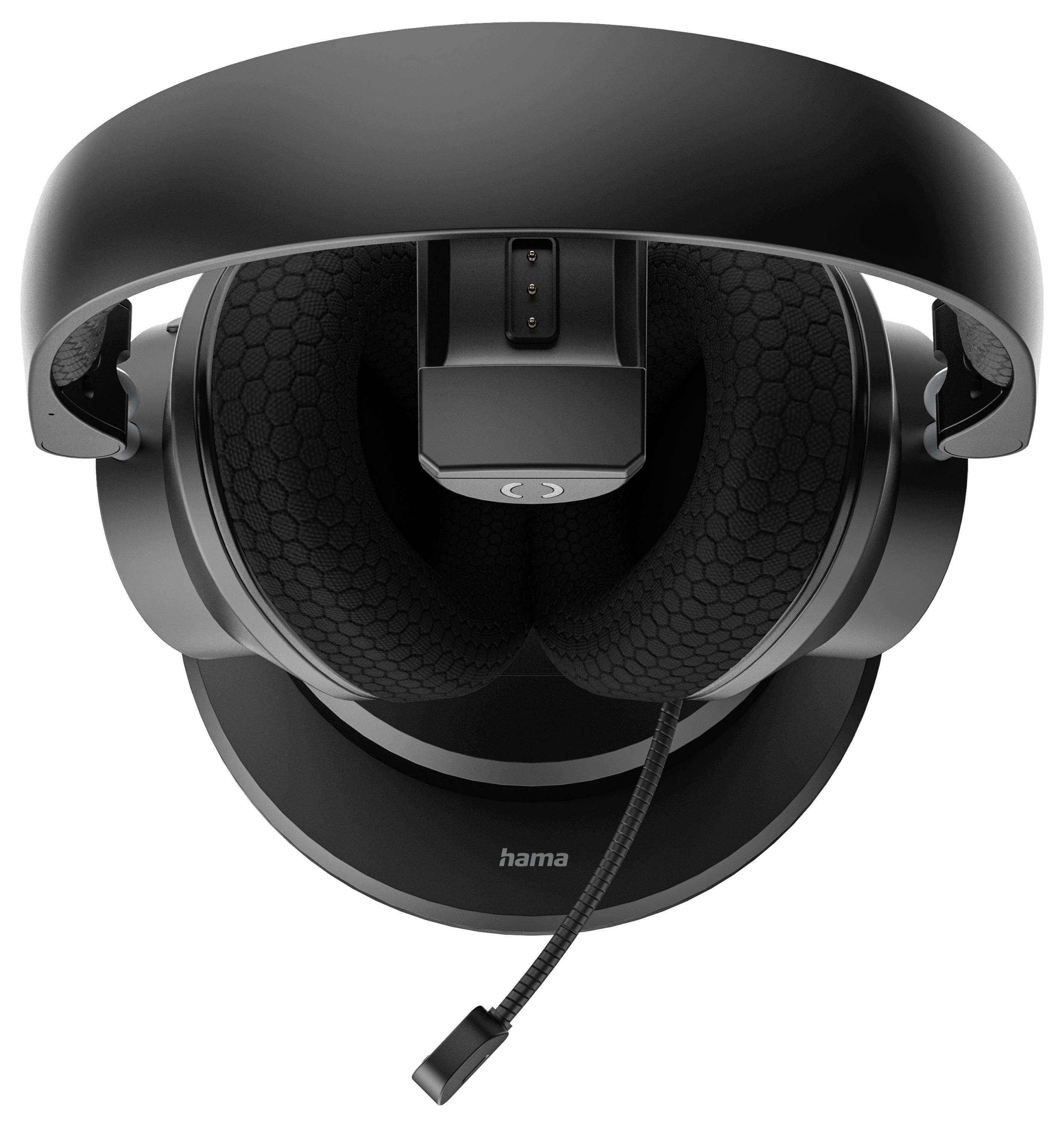 Ein schwarzes Gaming-Headset mit angebrachtem Mikrofon, das auf einem kreisförmigen Ständer ruht. Der Markenname 'Hama' ist am Ständer sichtbar.