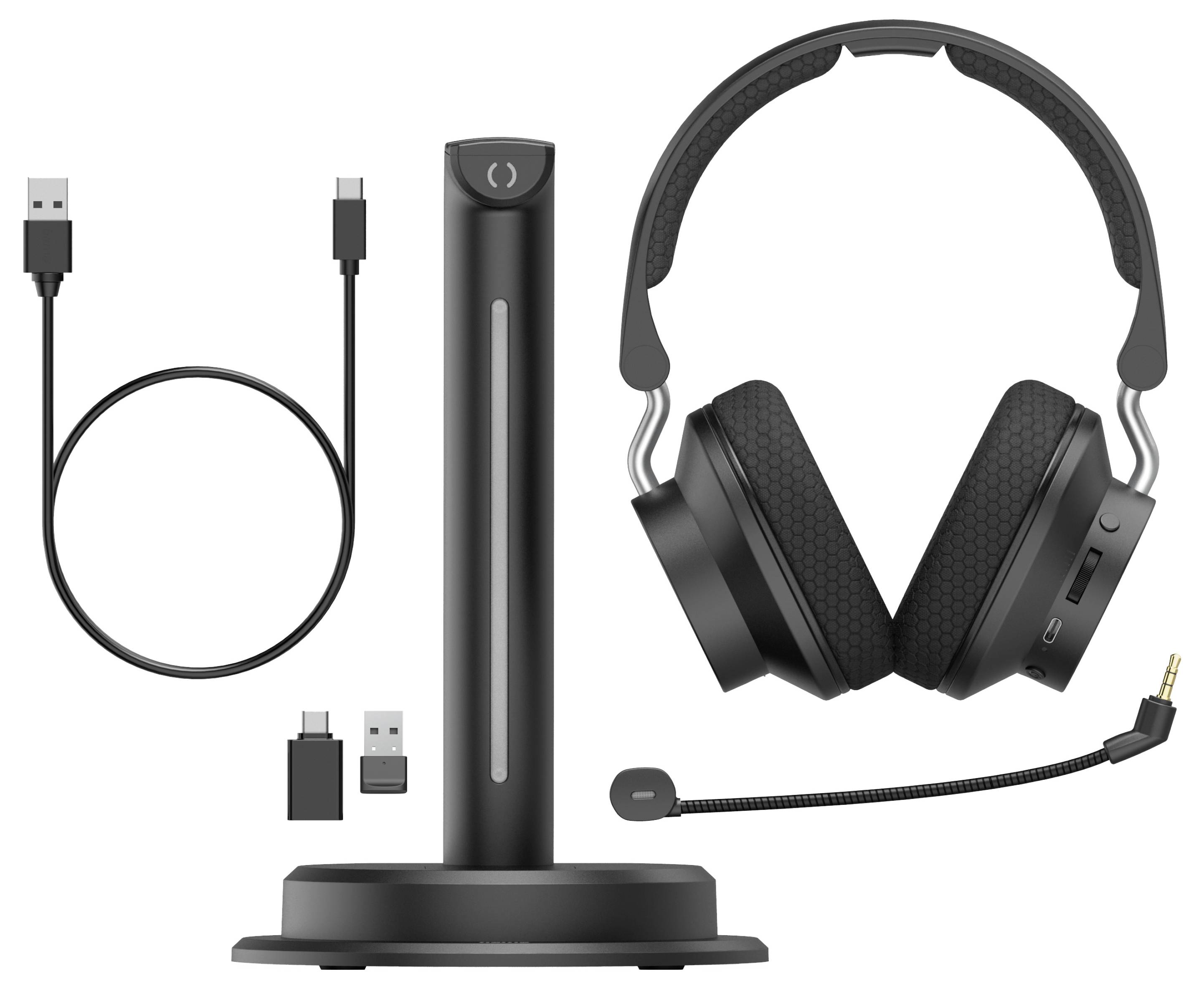 Drahtloses Headset mit gepolsterten Ohrmuscheln, abnehmbarem Mikrofon, Ladestation, USB-C- und USB-A-Kabeln sowie drahtlosen Adaptern.