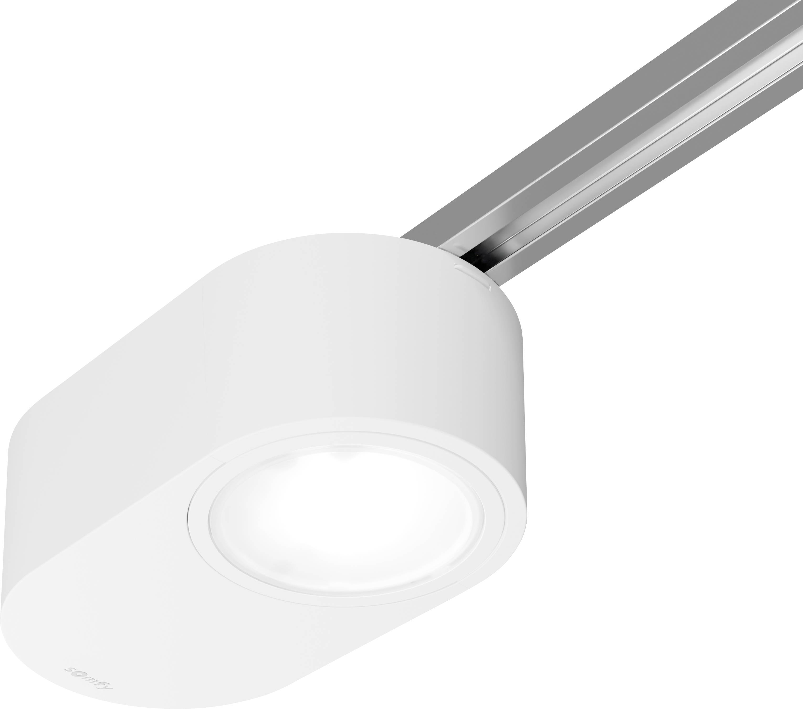 Eine weiße, moderne Schienenlleuchte mit einem schlanken, zylindrischen Design ist zu sehen, die an einer metallischen Schiene montiert ist und weiches Licht nach unten abstrahlt.