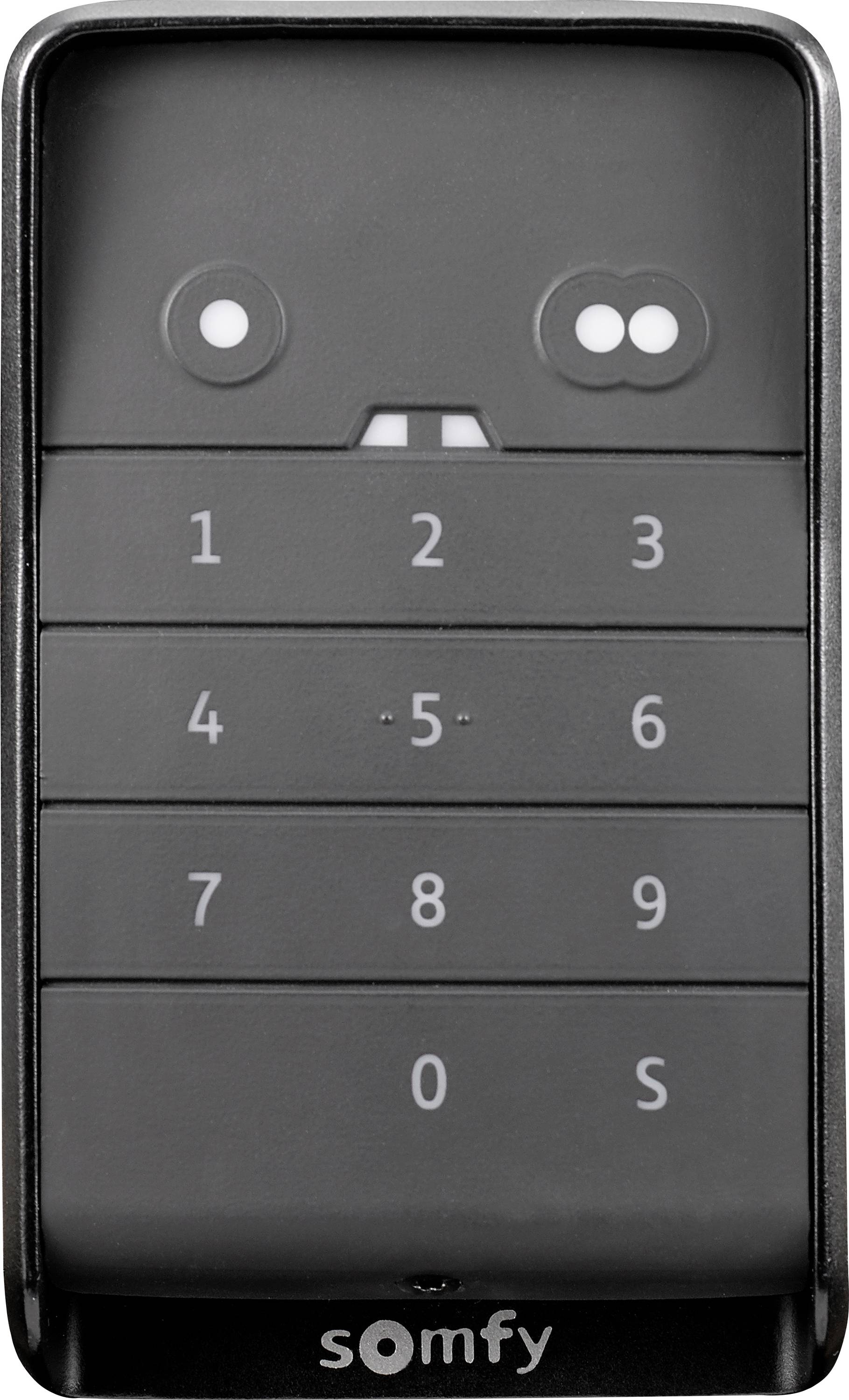 Ein schwarzes Keypad mit rechteckigem Design, das die Zahlen 0 bis 9 und den Markennamen 'somfy' am unteren Rand aufweist.