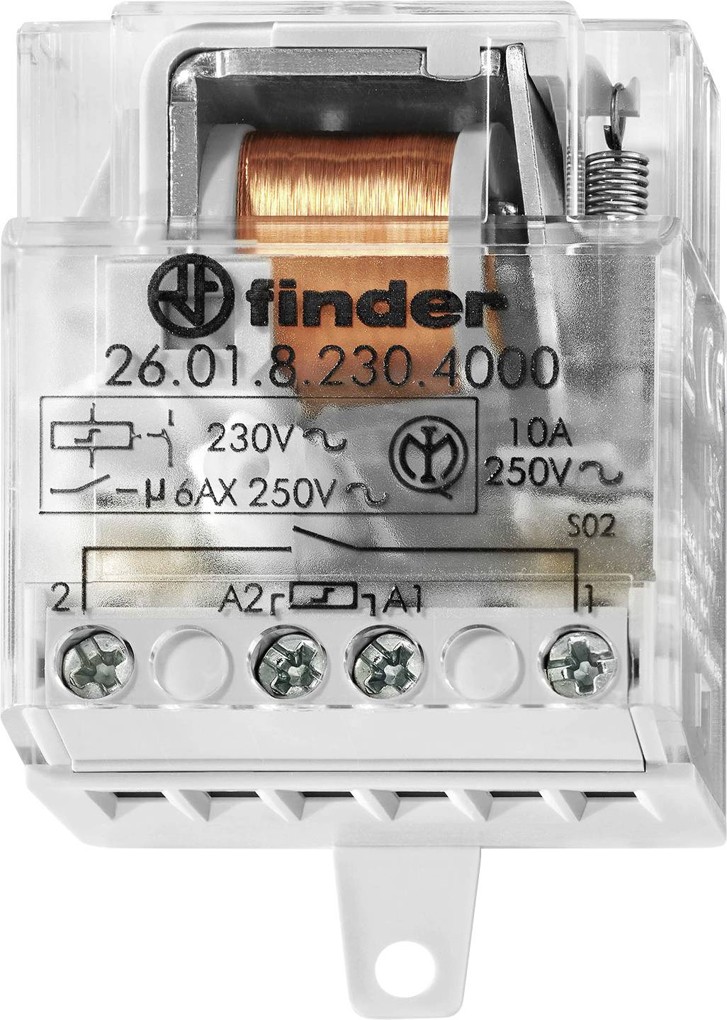 Ein transparentes Relais mit Kunststoffgehäuse und Kupferspule, beschriftet mit 'Finder 26.01.8.230.4000', ausgelegt für 230V und 250V mit einer Kapazität von 10A.