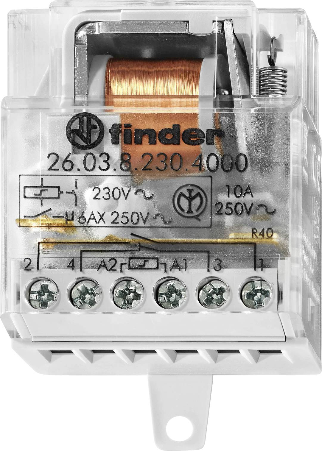 Transparenter elektrischer Relais mit sichtbarer Spule, beschriftet mit 'Finder 26.03.8.230.4000', Spannung 230V und Kapazität von 250V 10A, mit Anschlussklemmen.