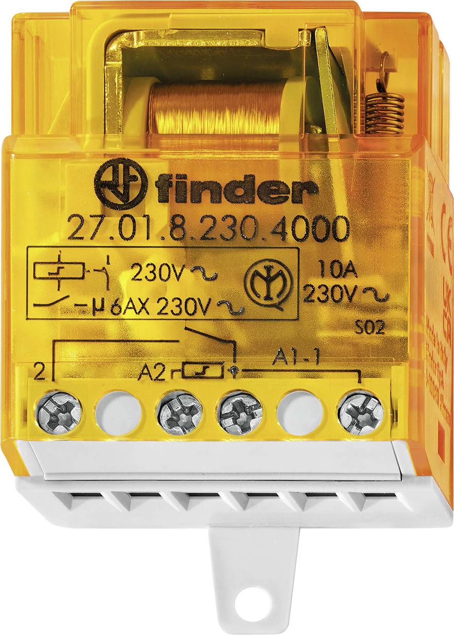 Ein orangefarbenes Finder Relais mit der Modellnummer 27.01.8.230.4000, das 230V und 10A anzeigt und für elektrische Anschlüsse geeignet ist.