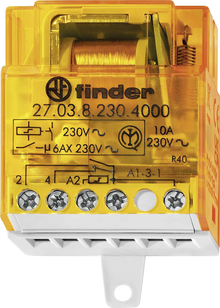 Finder 27.03 Relais, 230V, 10A Kapazität, transparente orangefarbene Gehäuse, elektrisches Schaltschema auf der Oberfläche, fünf Anschlussklemmen am unteren Ende.