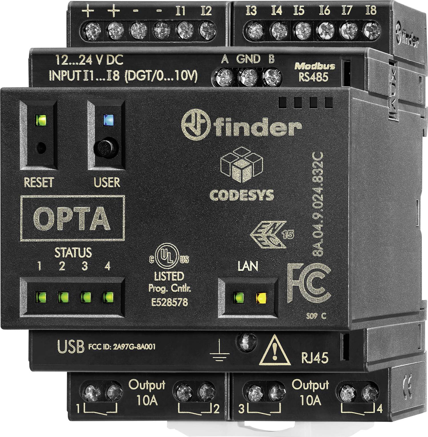 'Finder OPTA' Steuermodul mit Status-LEDs, USB, RJ45-Anschlüssen, Modbus RS485 und beschrifteten Eingängen für 12-24V DC.