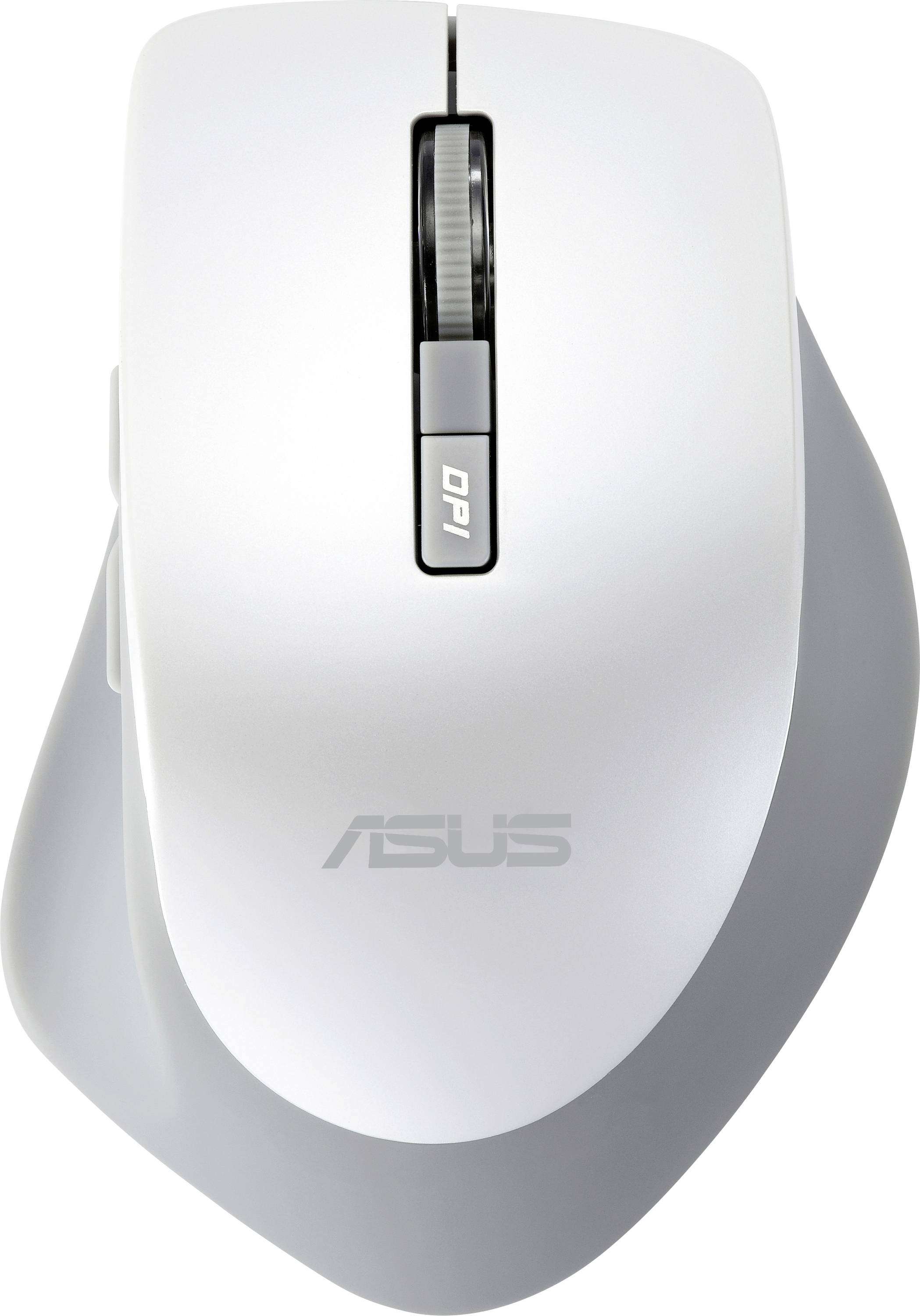 Eine weiße und graue Computermaus mit einem Scrollrad, die oben einen DPI-Knopf hat und unten mit der Markenbezeichnung 'ASUS' versehen ist.