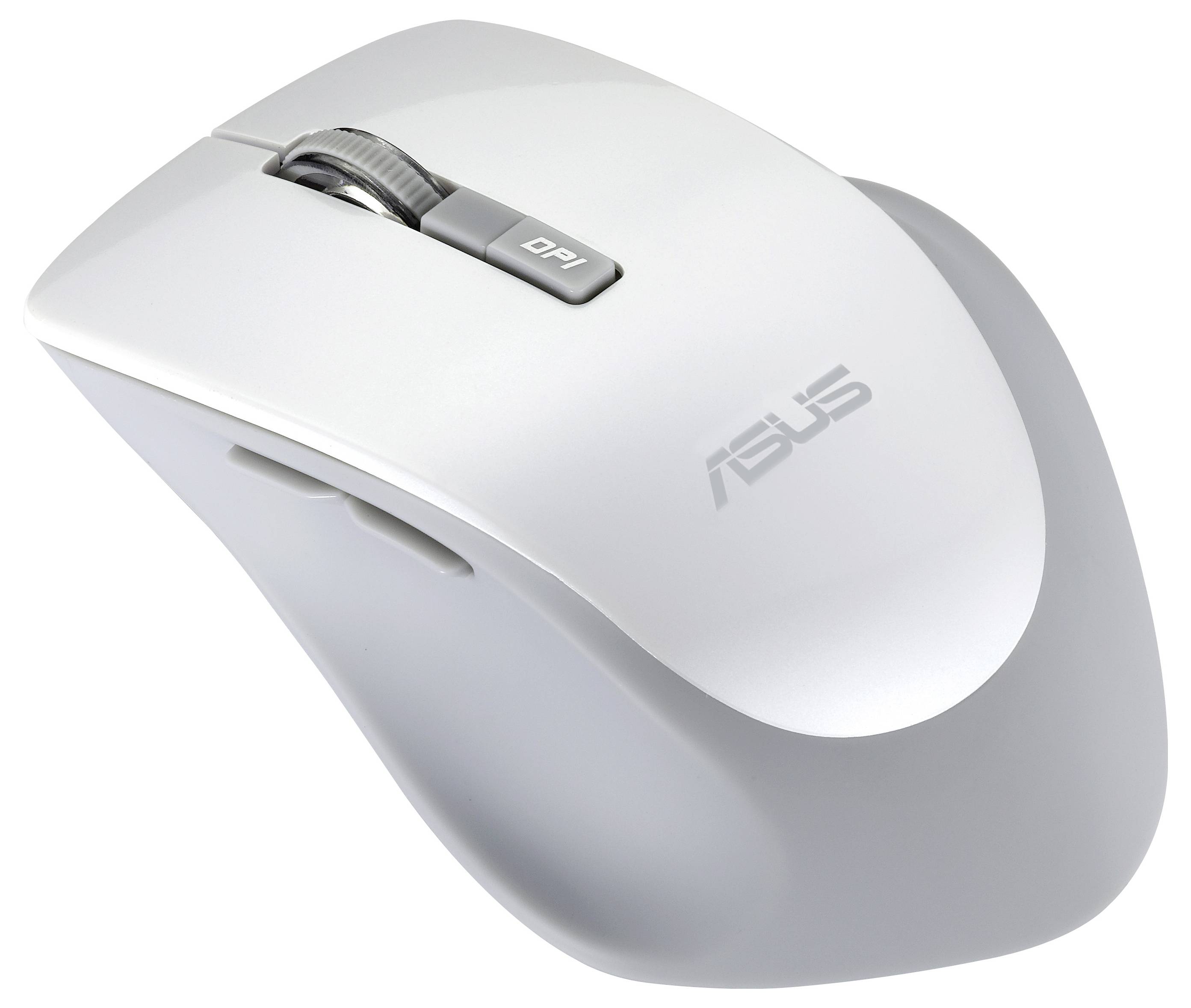 Eine elegante weiße Computermaus mit Scrollrad und DPI-Taste, die oben das ASUS-Logo trägt.