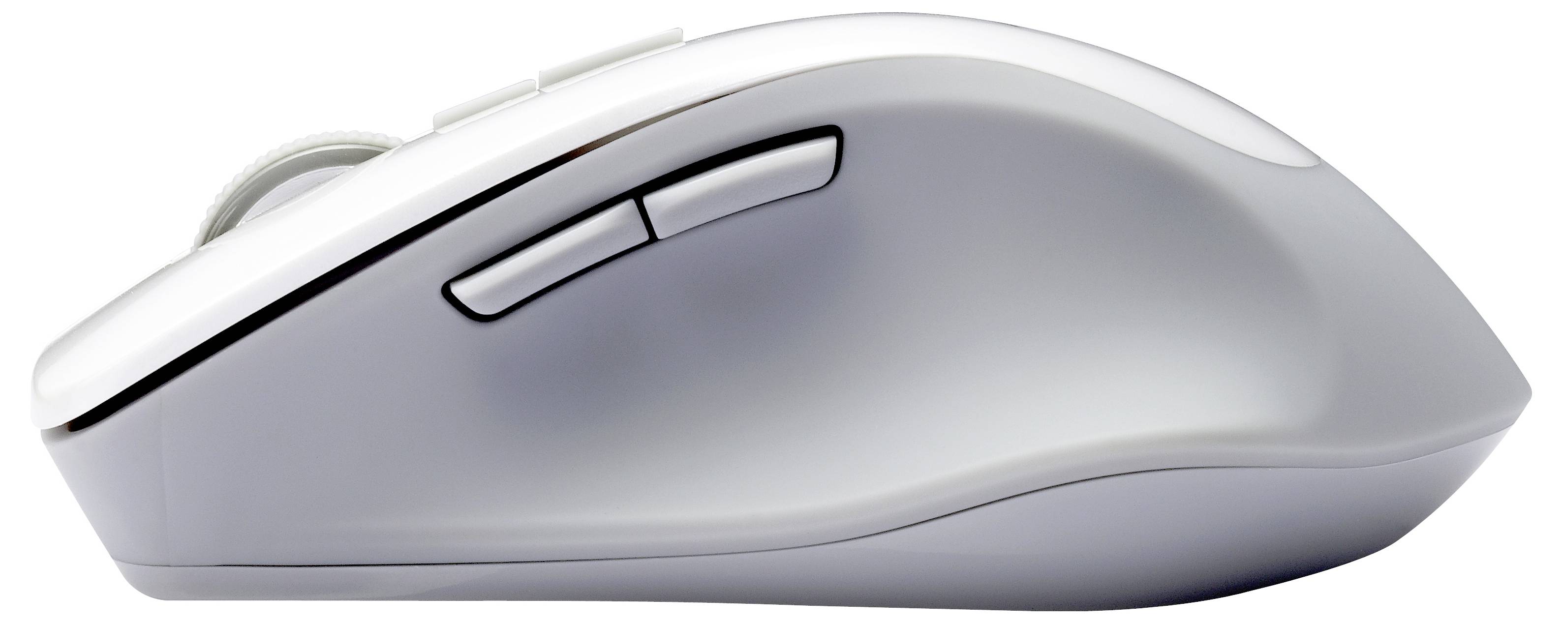 Drahtlose Computermaus mit elegantem, ergonomischem Design und zwei seitlichen Tasten, nach links gerichtet.