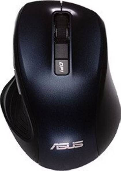 Eine schwarze ASUS-Computermaus mit sichtbarem Scrollrad und DPI-Taste nahe der Spitze, ergonomisch gestaltet und für Gaming konzipiert.