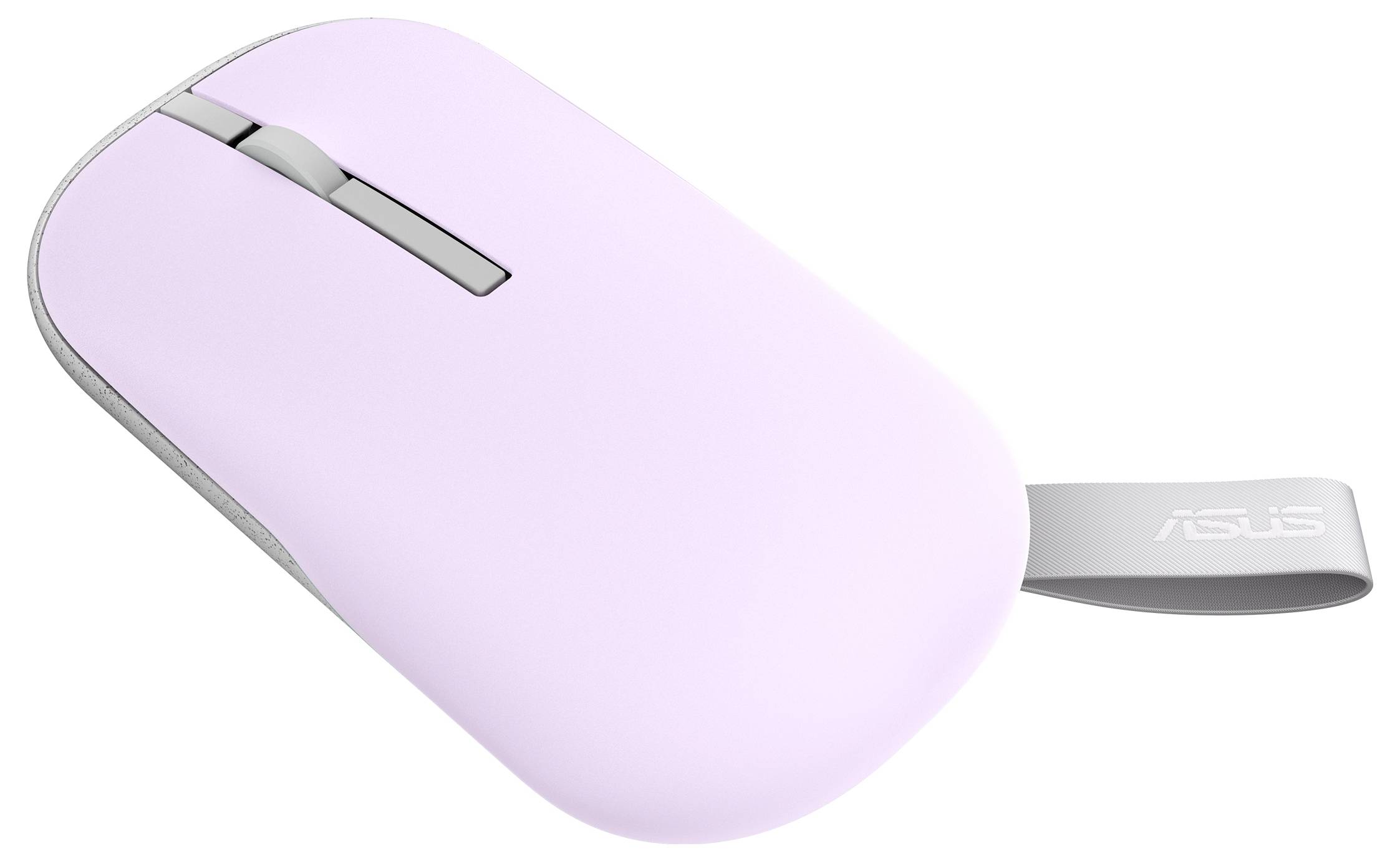 Eine pastellrosa Computermaus mit einem silbernen Scrollrad und einem angebrachten Riemen mit dem 'ASUS' Logo.