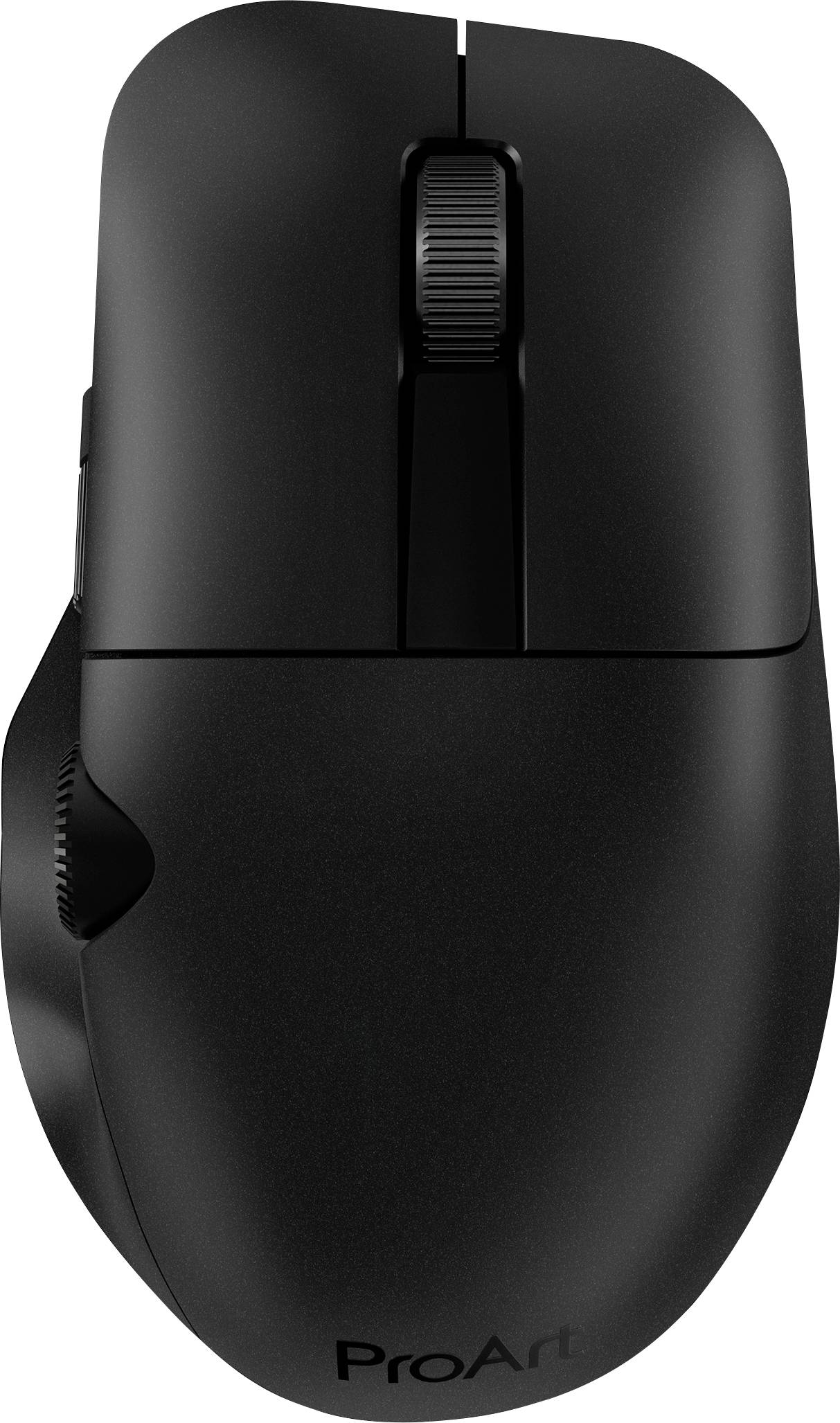 Eine schwarze ergonomische Computermaus mit einem Scrollrad und seitlichen Tasten, unten mit 'ProArt' beschriftet, von oben betrachtet.