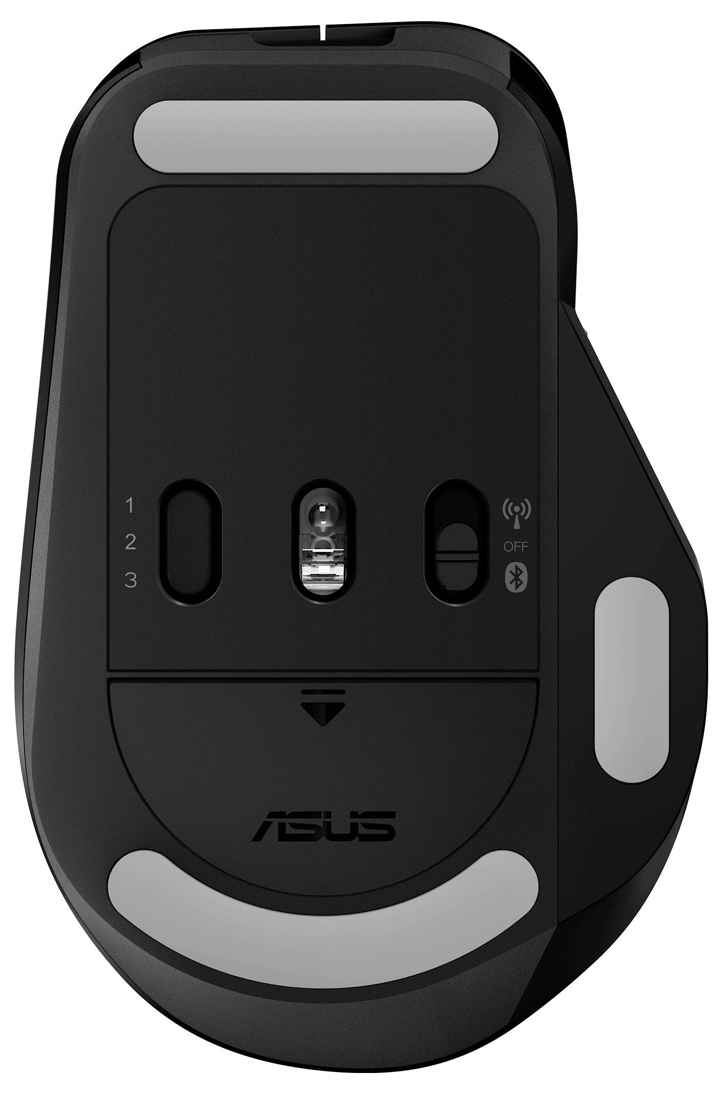 Das Bild zeigt die Unterseite einer schwarzen Computermaus mit zwei Schaltern und einem Lasersensor. Das Asus-Logo ist nahe des unteren Randes sichtbar.