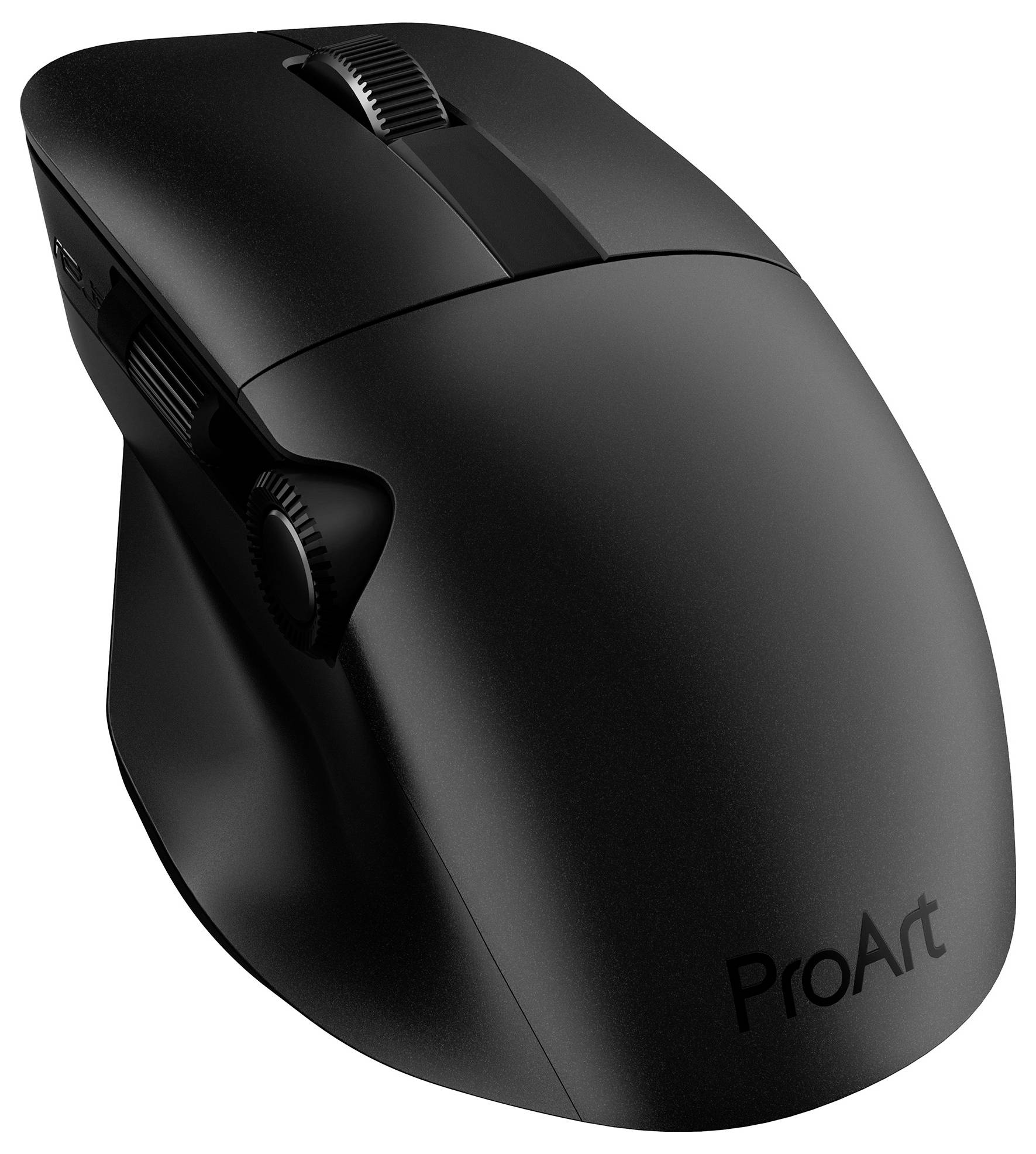 Eine schlanke schwarze Computermaus mit einem horizontalen Scrollrad und dem Wort 'ProArt', die für ergonomischen Komfort entwickelt wurde.
