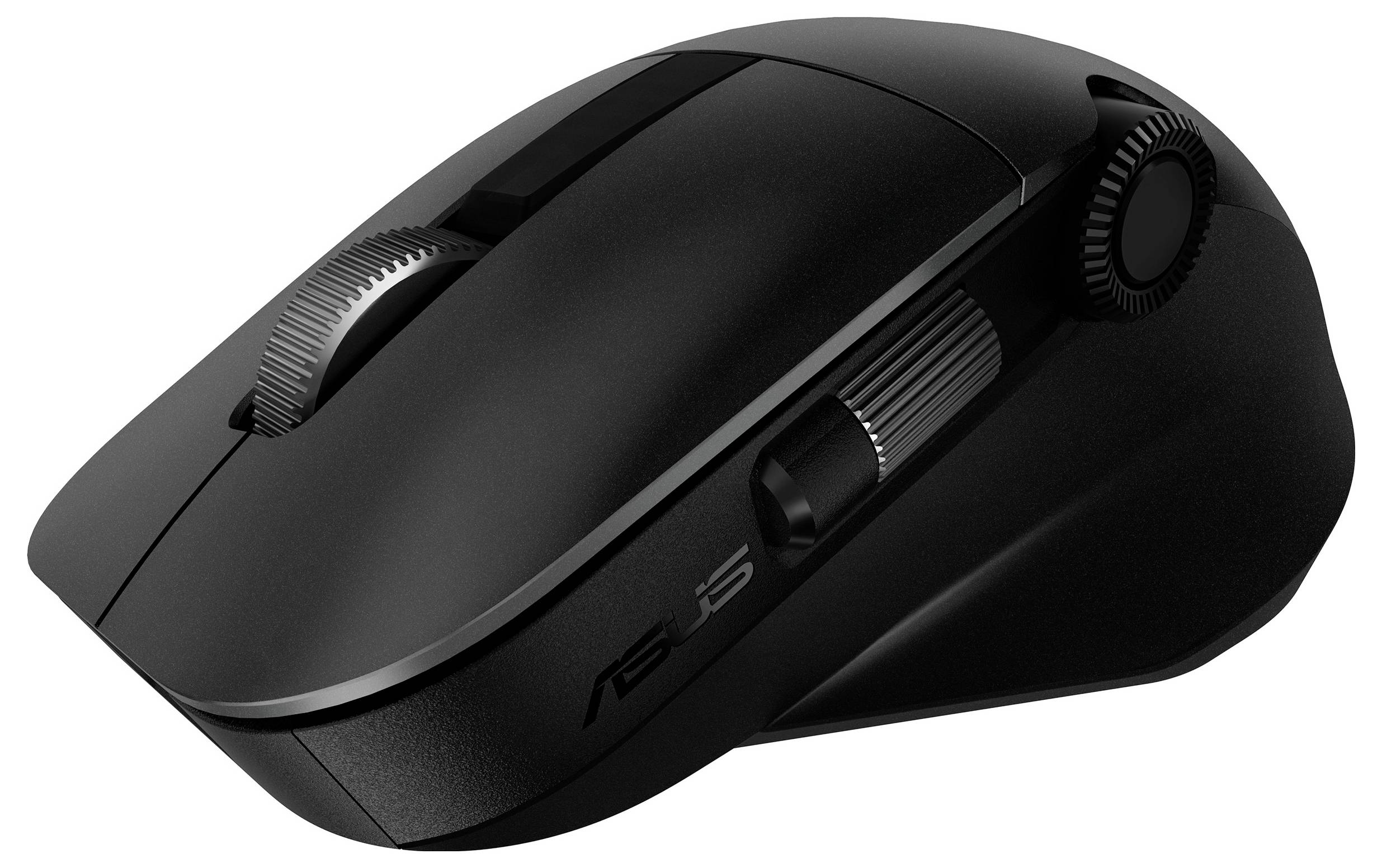 Eine schwarze kabellose Computermaus mit Scrollrad und seitlichen Tasten, die für ergonomisches Arbeiten geeignet ist und ein schlankes, modernes Design aufweist.