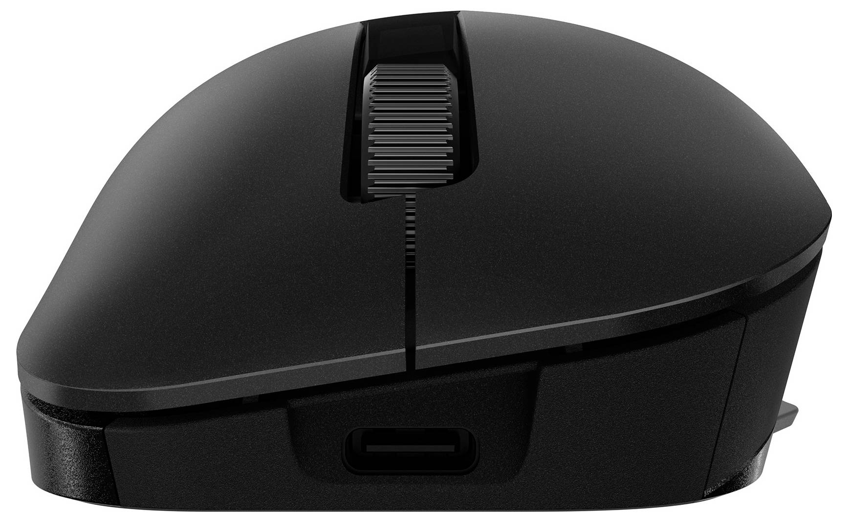 Eine schwarze drahtlose Computermaus mit Scrollrad und USB-C-Ladeanschluss, von der Seite betrachtet.
