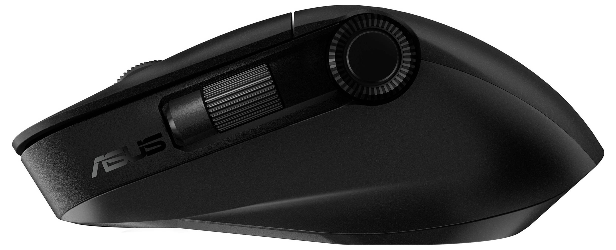 Eine schwarze, ergonomische Computermaus mit Scrollrad und Seitentasten, entwickelt für Gaming oder präzise Aufgaben.