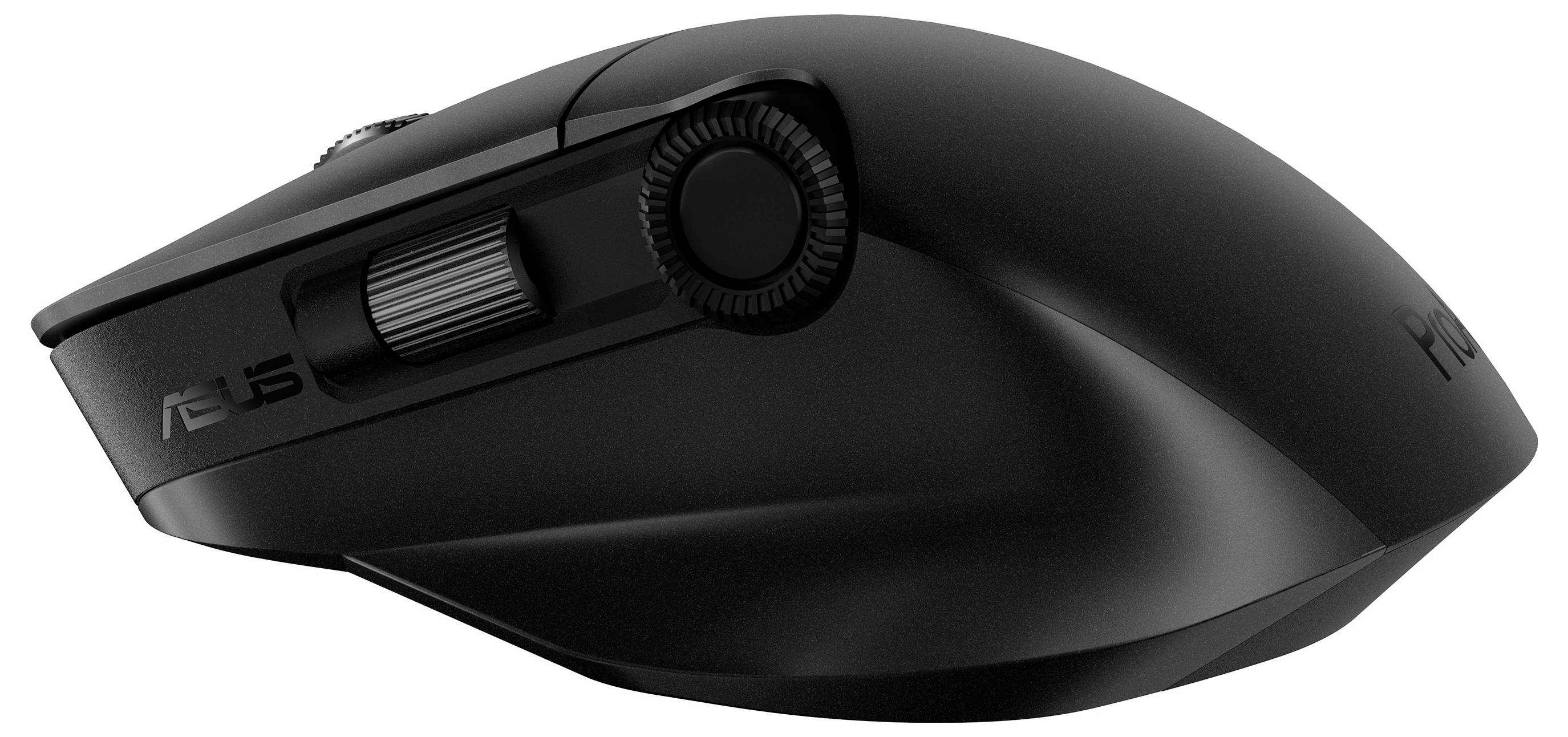 Eine elegante, schwarze kabellose Computermaus mit seitlichem Scrollrad, ergonomischem Design und sichtbarer Markenbeschriftung, die moderne Technologie präsentiert.