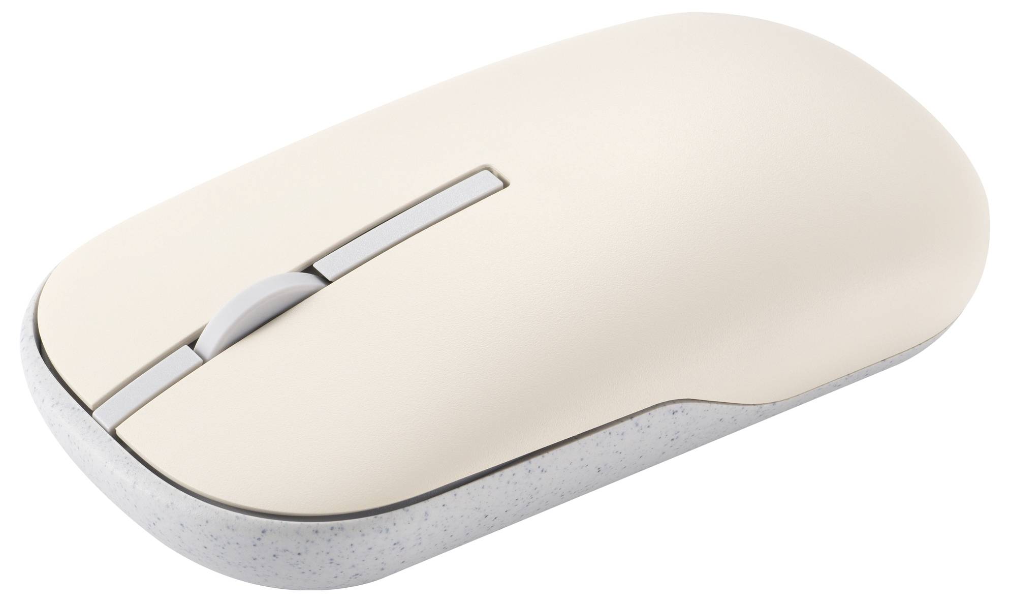 Eine elegante, beige drahtlose Computermaus mit glatter Gestaltung und grauer Scrollrad, leicht gewinkelt, um ihre ergonomische Form zu zeigen.