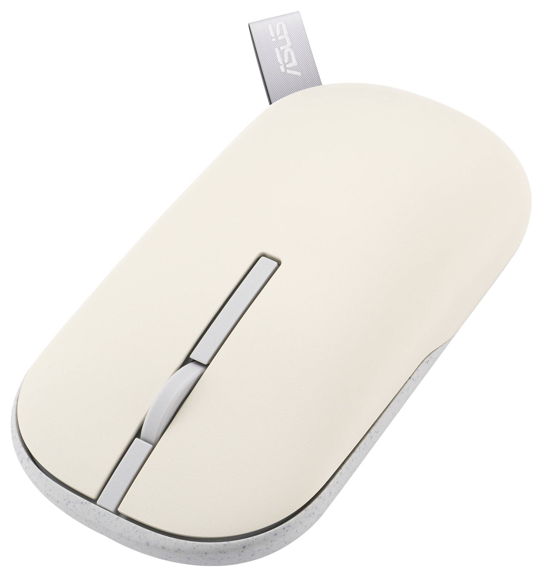 Eine kabellose beige Computermaus mit einem Scrollrad und einem ASUS-Logo auf dem Etikett, die für ergonomische Nutzung entwickelt wurde.