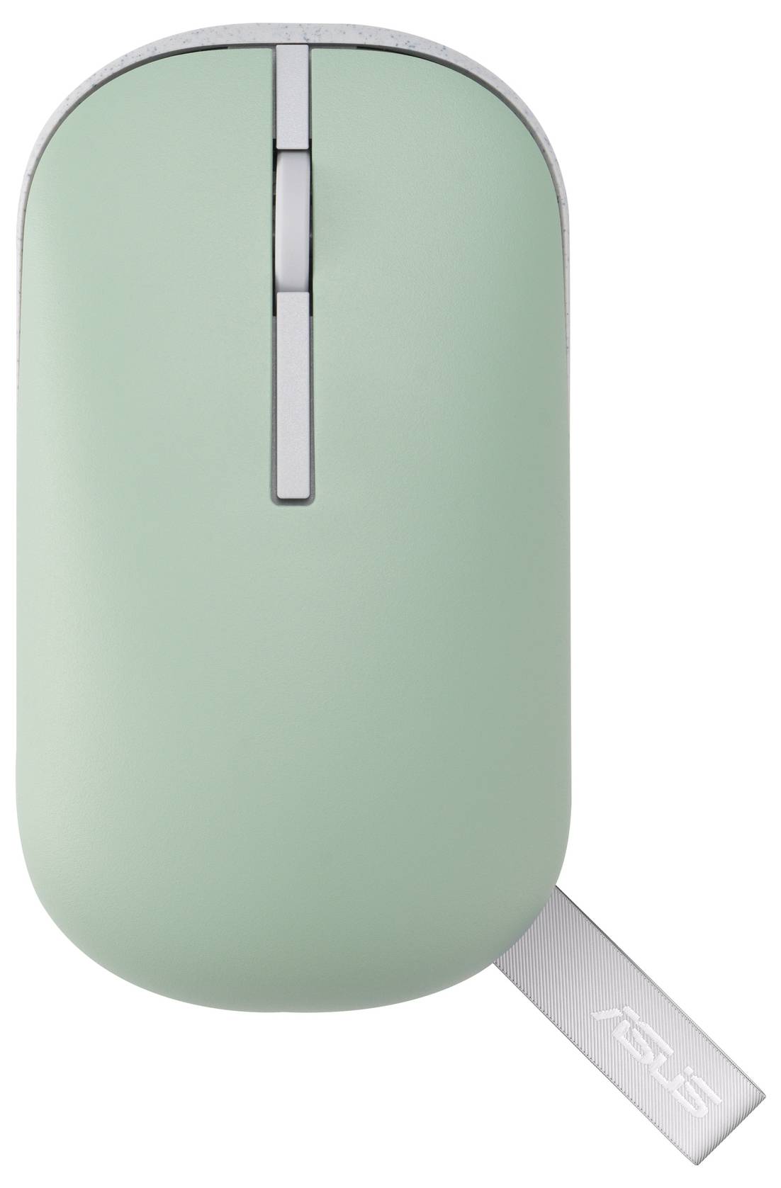 Eine grüne kabellose Computermaus mit einem Scrollrad und einem USB-Empfänger der Marke 'ASUS'.